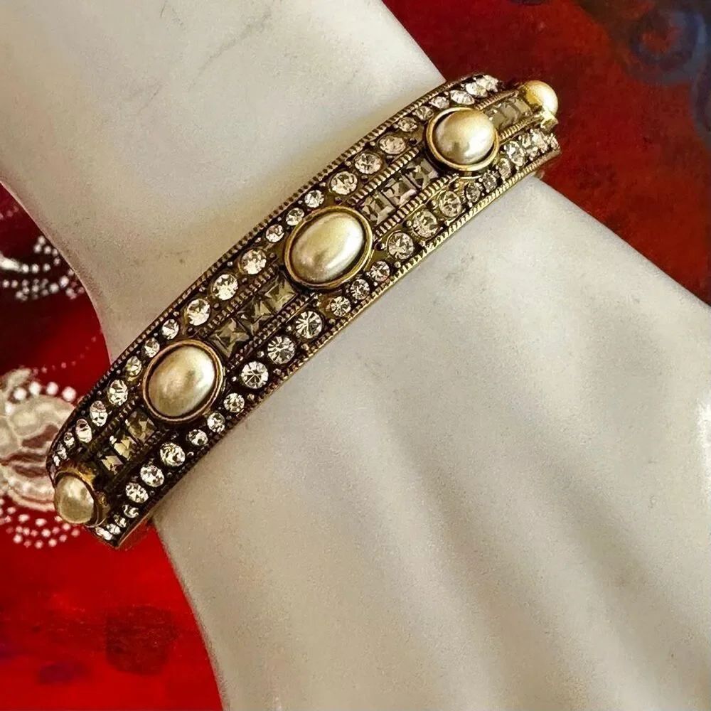 Heidi Daus Faux Pearl & Crystal Gold-Tone Hinged Bangle Bracelet